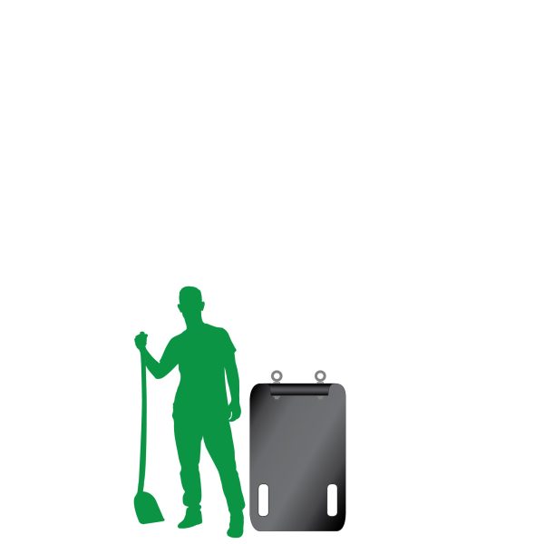 Yard Glider YG Mini garden cart (empty) upright with man silhouette size guide, detailing pull bar, eye bolts, and 2-handle configuration. Ideal for hauling yard debris.