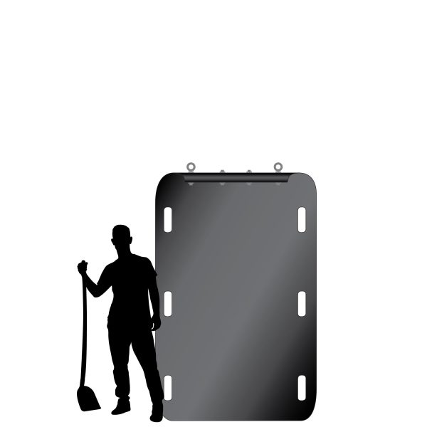 Yard Glider X8 garden cart (empty) upright with man silhouette size guide, detailing pull bar, eye bolts, and 6-handle configuration. Ideal for hauling yard debris.