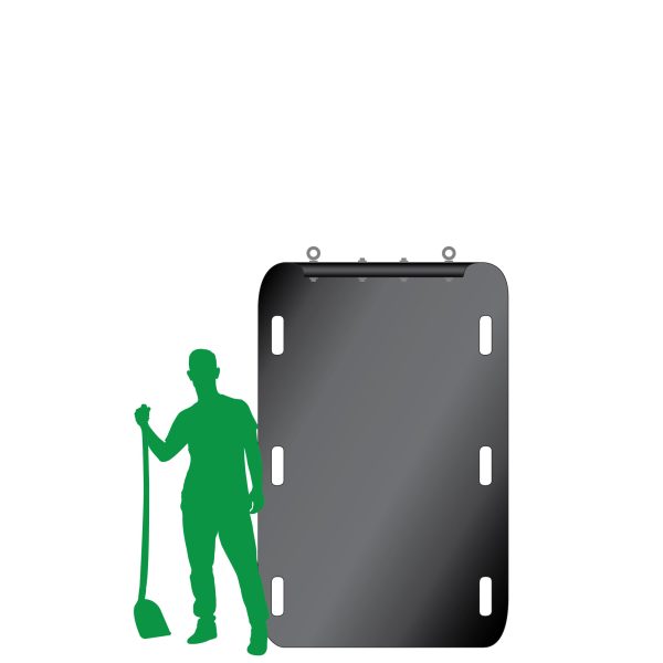 Yard Glider YG8 garden cart (empty) upright with man silhouette size guide, detailing pull bar, eye bolts, and 6-handle configuration. Ideal for hauling yard debris.